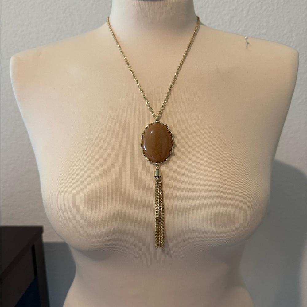 Gold and Brown Statement Necklace with Tassel Pendant